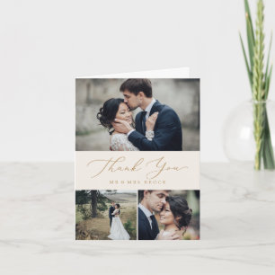 Delicate Gold Calligraphy   Cream 3 Photo Collage Thank You Card