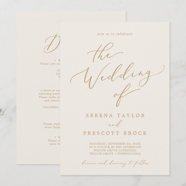 Delicate Gold Calligraphy Cream All In One Wedding Invitation (Front/Back)