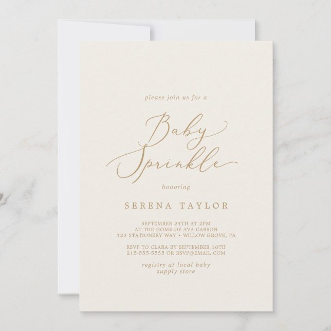 Delicate Gold Calligraphy | Cream Baby Sprinkle Invitation (Front)