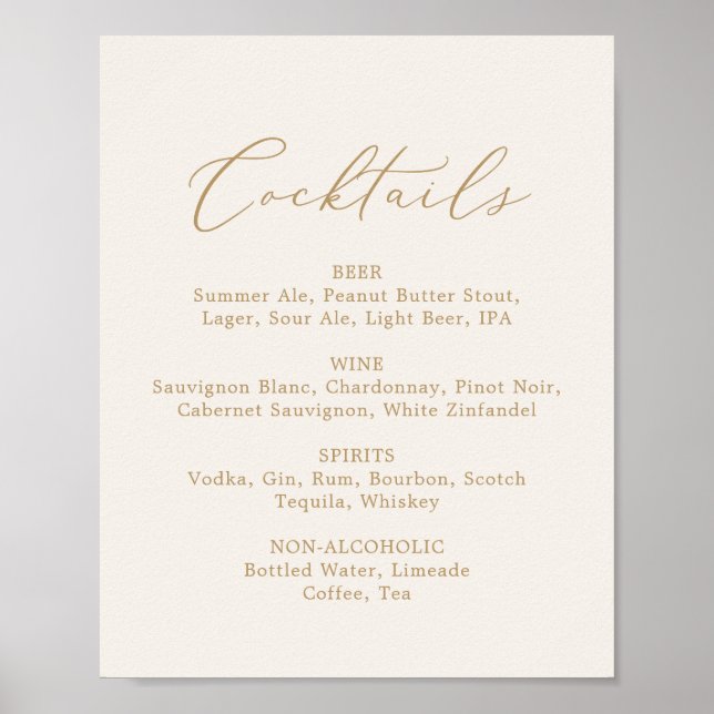 Delicate Gold Calligraphy Cream Cocktails Menu Poster (Front)