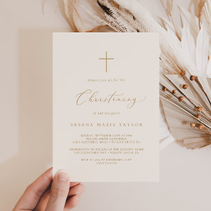 Delicate Gold Calligraphy Cream Cross Christening Invitation
