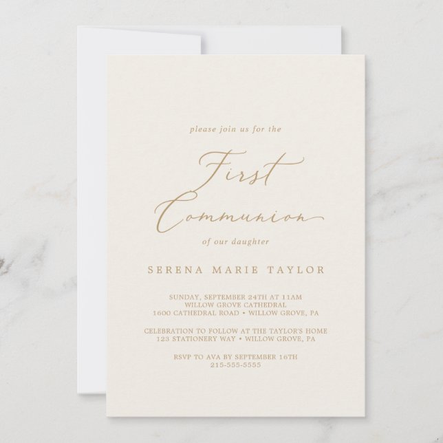 Delicate Gold Calligraphy | Cream First Communion Invitation (Front)