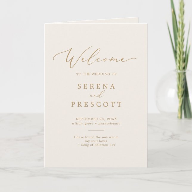 Delicate Gold Calligraphy | Cream Folded Wedding Programme (Front)