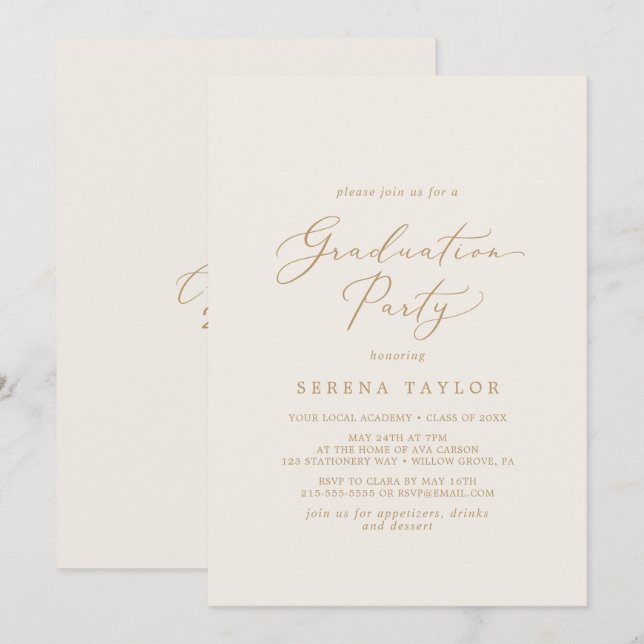 Delicate Gold Calligraphy | Cream Graduation Party Invitation (Front/Back)