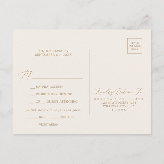 Delicate Gold Calligraphy Cream Menu RSVP Postcard (Back)