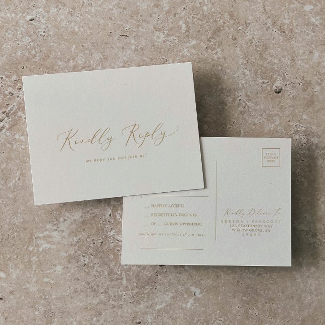 Delicate Gold Calligraphy Cream Song RSVP Postcard (Creator Uploaded)