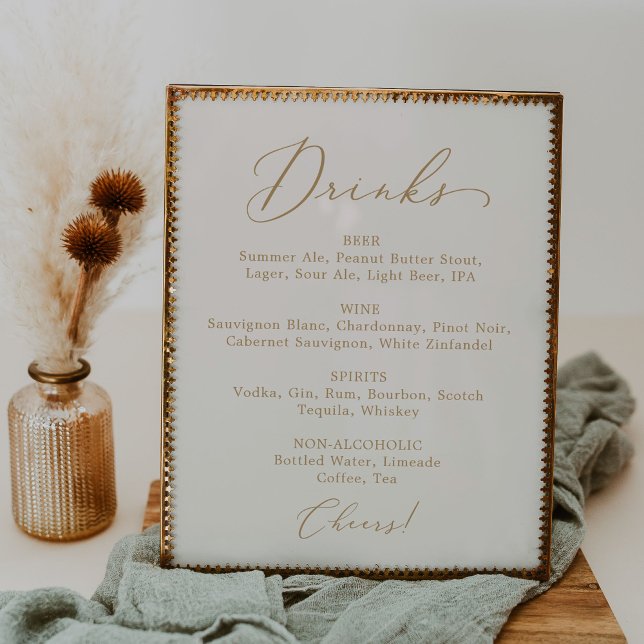 Delicate Gold Calligraphy Cream Wedding Drink Menu Poster (Creator Uploaded)