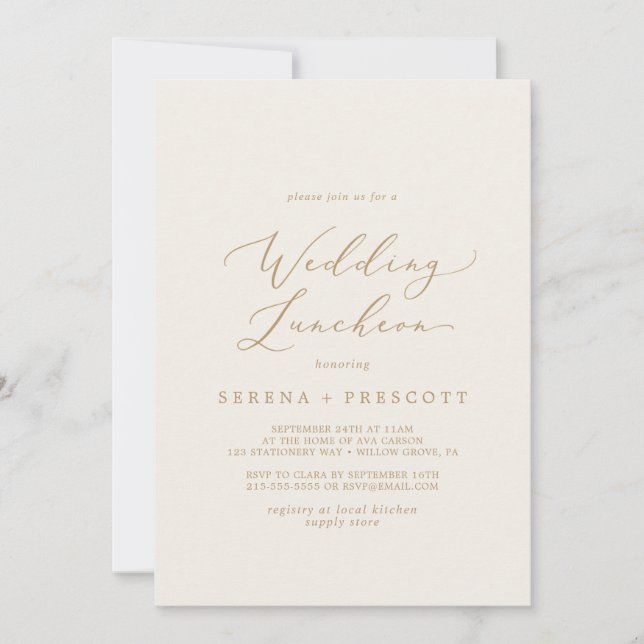 Delicate Gold Calligraphy | Cream Wedding Luncheon Invitation (Front)