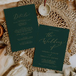 Delicate Gold Calligraphy Green All In One Wedding Invitation<br><div class="desc">This delicate gold calligraphy green all in one wedding invitation is perfect for a modern wedding. The romantic minimalist design features lovely and elegant champagne golden yellow typography on a dark green background with a clean and simple look. Save paper by including the details on the back of the wedding...</div>