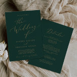 Delicate Gold Calligraphy Green All In One Wedding Invitation<br><div class="desc">This delicate gold calligraphy green all in one wedding invitation is perfect for a modern wedding. The romantic minimalist design features lovely and elegant champagne golden yellow typography on an emerald green background with a clean and simple look. Save paper by including the details on the back of the wedding...</div>