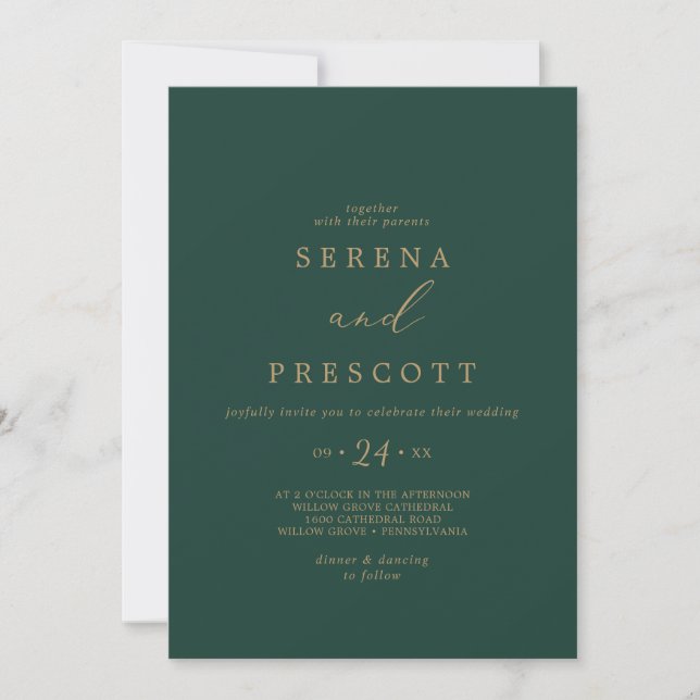 Delicate Gold Calligraphy | Green Casual Wedding Invitation (Front)