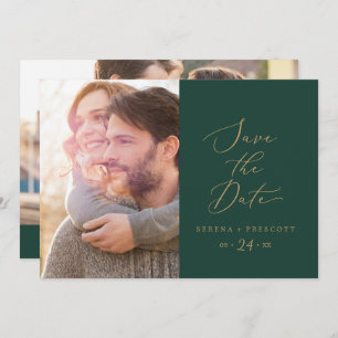 Delicate Gold Calligraphy   Green Photo Save The Date