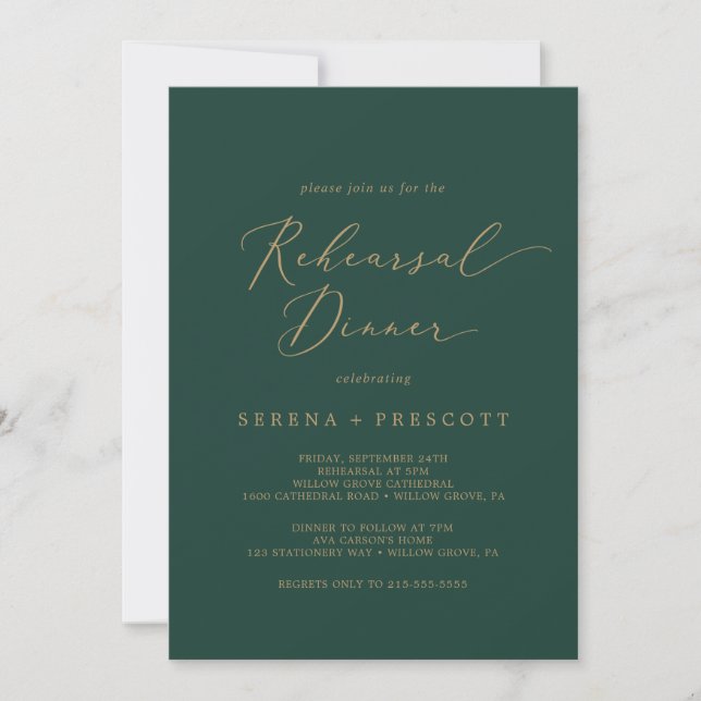Delicate Gold Calligraphy | Green Rehearsal Dinner Invitation (Front)