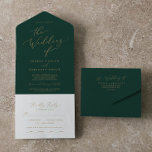Delicate Gold Calligraphy | Green Wedding All In One Invitation<br><div class="desc">This delicate gold calligraphy green wedding all in one invitation is perfect for a modern wedding. The romantic minimalist design features lovely and elegant champagne golden yellow typography on an emerald green background with a clean and simple look. Hand write your guest addresses on the back of the folded invitation,...</div>