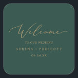 Delicate Gold Calligraphy | Green Wedding Welcome Square Sticker<br><div class="desc">These delicate gold calligraphy green wedding welcome stickers are perfect for a modern wedding. The romantic minimalist design features lovely and elegant champagne golden yellow typography on an emerald green background with a clean and simple look. Personalise these stickers with the location of your wedding, names, and wedding date. These...</div>