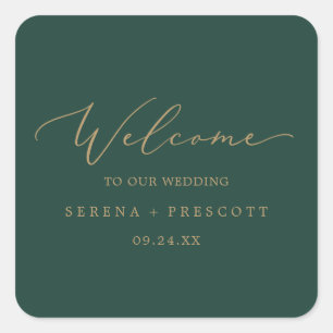 Delicate Gold Calligraphy   Green Wedding Welcome Square Sticker