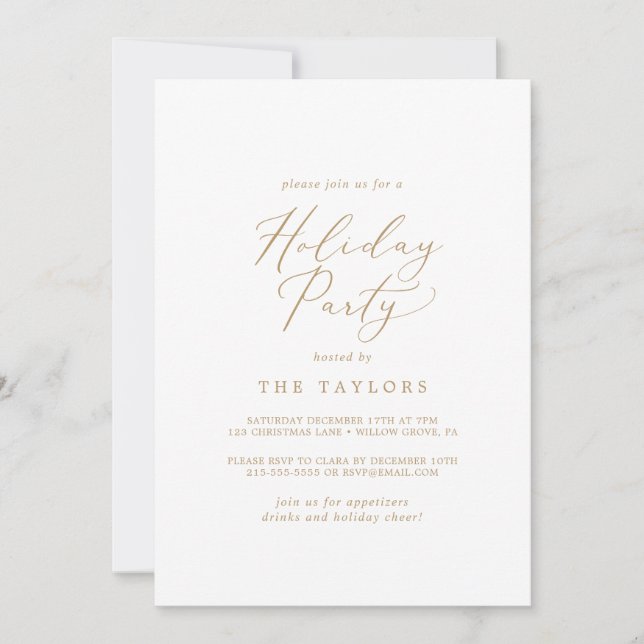 Delicate Gold Calligraphy Holiday Party Invitation (Front)