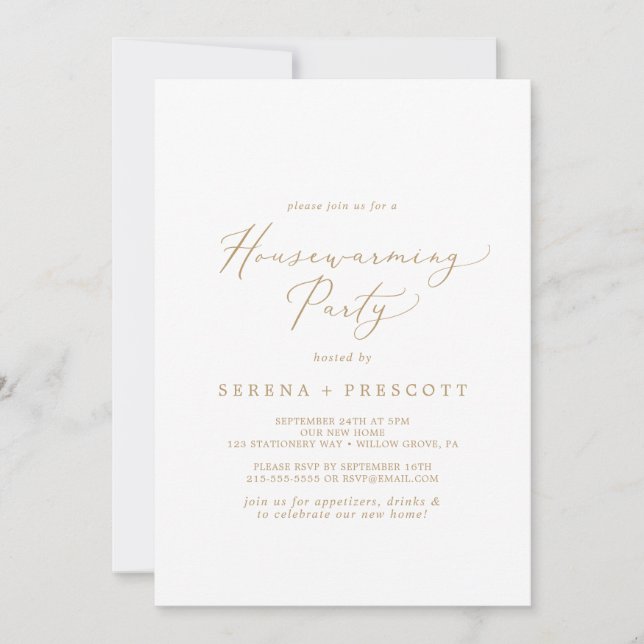 Delicate Gold Calligraphy Housewarming Party Invitation (Front)