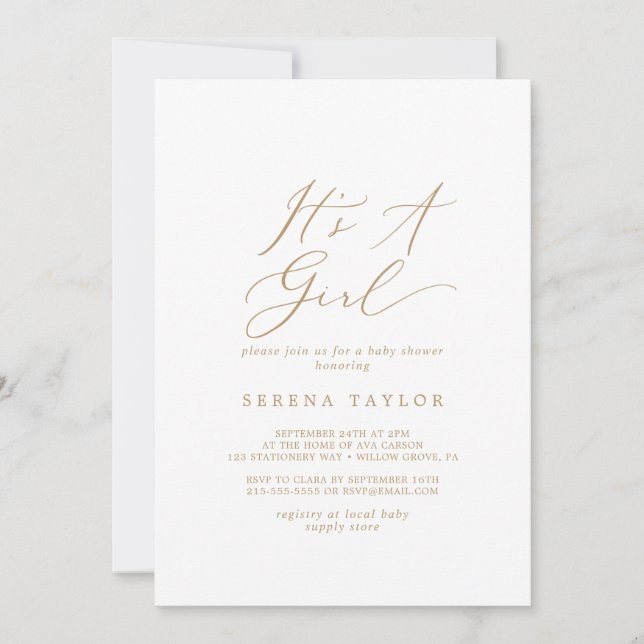 Delicate Gold Calligraphy It's A Girl Baby Shower Invitation (Front)