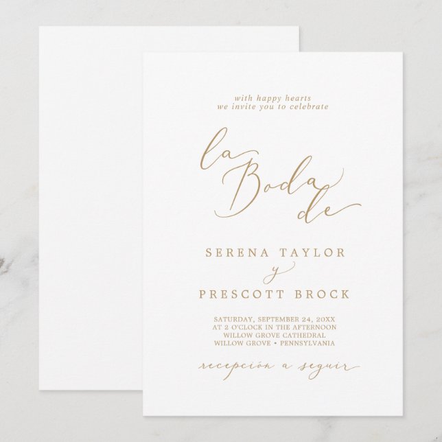 Delicate Gold Calligraphy La Boda De Wedding Invitation (Front/Back)