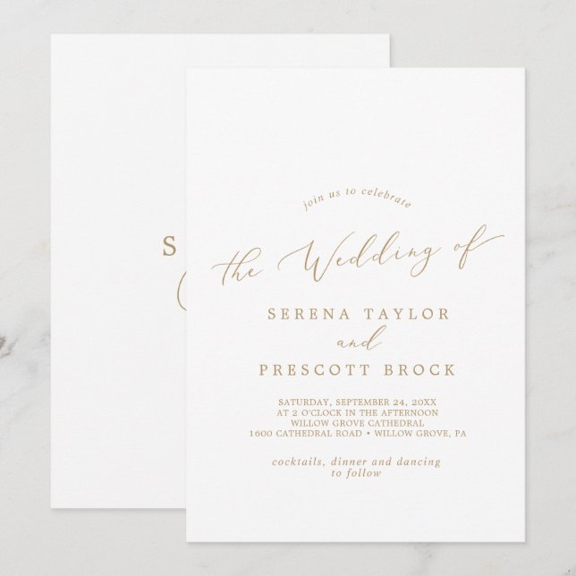Delicate Gold Calligraphy Monogram Back Wedding Invitation (Front/Back)