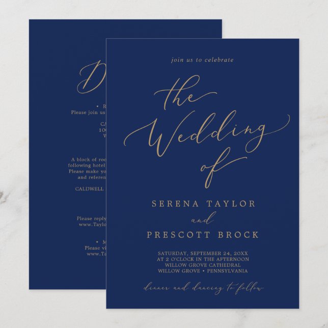 Delicate Gold Calligraphy Navy All In One Wedding Invitation (Front/Back)