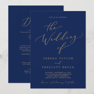Delicate Gold Calligraphy Navy All In One Wedding Invitation