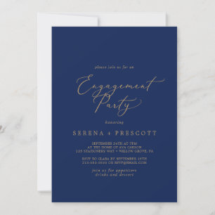 Delicate Gold Calligraphy   Navy Engagement Party Invitation