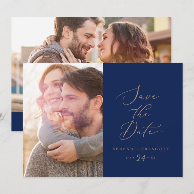 Delicate Gold Calligraphy | Navy Photo Save The Date (Front/Back)