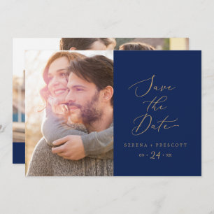 Delicate Gold Calligraphy   Navy Photo Save The Date