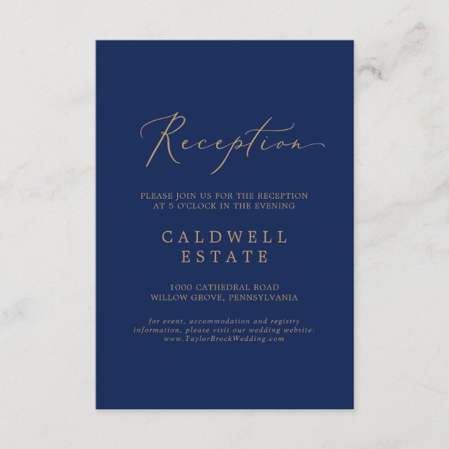 Delicate Gold Calligraphy | Navy Reception Enclosure Card (Front)
