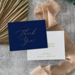 Delicate Gold Calligraphy | Navy Thank You Card<br><div class="desc">This delicate gold calligraphy navy thank you card is perfect for a modern wedding. The romantic minimalist design features lovely and elegant champagne golden yellow typography on a navy blue background with a clean and simple look. Personalise the back of the card with your names, and a thank you message....</div>