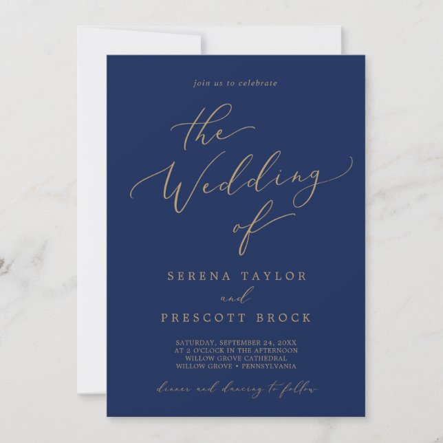 Delicate Gold Calligraphy | Navy The Wedding Of Invitation (Front)