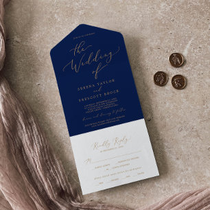 Delicate Gold Calligraphy   Navy Wedding All In One Invitation
