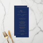 Delicate Gold Calligraphy Navy Wedding Dinner Menu<br><div class="desc">This delicate gold calligraphy navy wedding dinner menu card is perfect for a modern wedding. The romantic minimalist design features lovely and elegant champagne golden yellow typography on a navy blue background with a clean and simple look. This menu can be used for a wedding reception, rehearsal dinner, or any...</div>