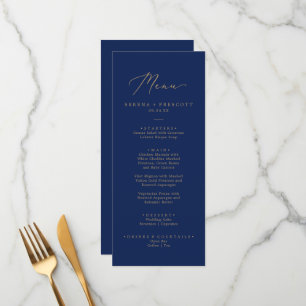 Delicate Gold Calligraphy Navy Wedding Dinner Menu