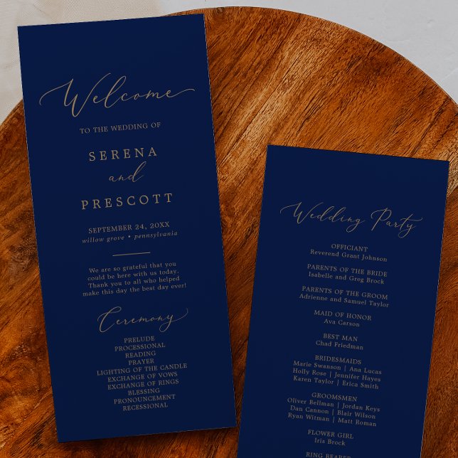Delicate Gold Calligraphy | Navy Wedding Program Programme (Creator Uploaded)
