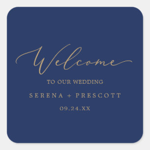 Delicate Gold Calligraphy   Navy Wedding Welcome Square Sticker