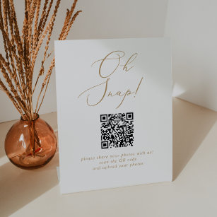 Delicate Gold Calligraphy Oh Snap QR Code Wedding Pedestal Sign