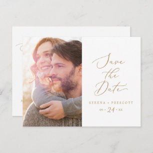 Delicate Gold Calligraphy Photo Save the Date Invitation Postcard