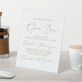 Delicate Gold Calligraphy Wedding Caution Open Bar Pedestal Sign (In SItu)