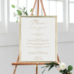 Delicate Gold Calligraphy Wedding Dinner Menu Poster<br><div class="desc">This delicate gold calligraphy wedding dinner menu poster is perfect for a modern wedding. The romantic minimalist design features lovely and elegant champagne golden yellow typography on a white background with a clean and simple look. This menu can be used for a wedding reception,  rehearsal dinner,  or any event.</div>