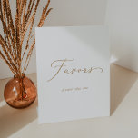 Delicate Gold Calligraphy Wedding Favours Pedestal Sign<br><div class="desc">This delicate gold calligraphy wedding favours pedestal sign is perfect for a modern wedding. The romantic minimalist design features lovely and elegant champagne golden yellow typography on a white background with a clean and simple look.</div>