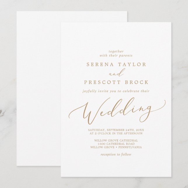 Delicate Gold Calligraphy Wedding Invitation (Front/Back)