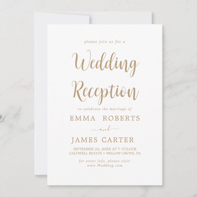 Delicate Gold Calligraphy Wedding Reception  Invitation (Front)