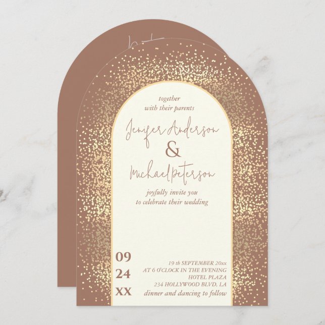 Delicate gold confetti mocha mouse all in one invitation (Front/Back)