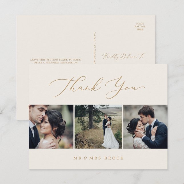 Delicate Gold Cream 3 Photo Template Thank You Postcard (Front/Back)