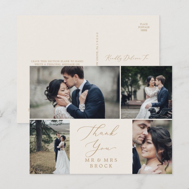 Delicate Gold Cream 4 Photo Template Thank You Postcard (Front/Back)