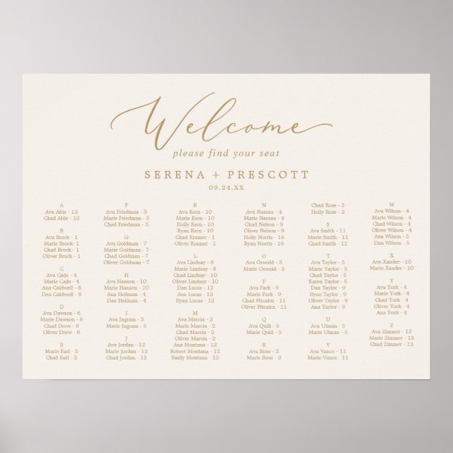 Delicate Gold | Cream HORIZ Alphabetical Seating Poster (Front)