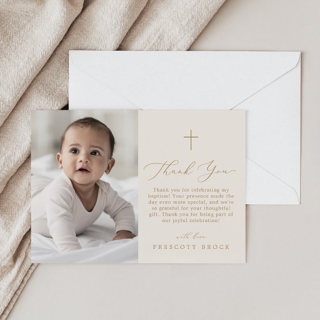 Delicate Gold Cream Photo Simple Cross Baptism Thank You Card (Delicate Gold Cream Photo Simple Cross Baptism Thank You Card)